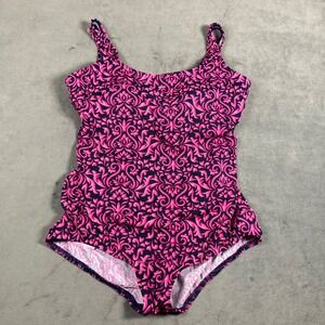 Lands End Womens Size 14 One Piece Swimsuit Pink Navy Damask Floral Scoop Neck